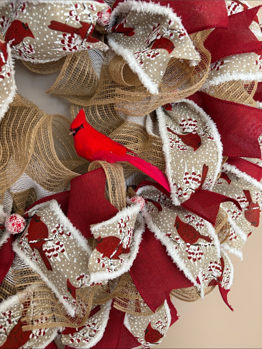 Red & Natural Holiday Wreath with Cardinal Accents - Picture 3 of 4